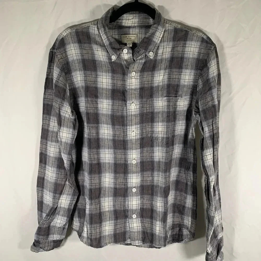 Club Monaco Shirt Men's Small Grey Plaid Button Down Long Sleeve Slim Fit